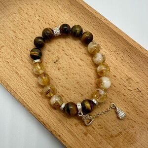 Tiger’s Eye & Citrine Bracelet with Hulu Gourd Charm, 10mm Beads, Stretchy 16cm